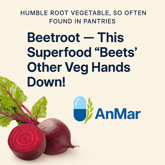 A vibrant digital graphic featuring fresh beetroot roots and leaves, promoting the health benefits of beetroot as a superfood with antioxidants, vitamins, and dietary nitrate.
