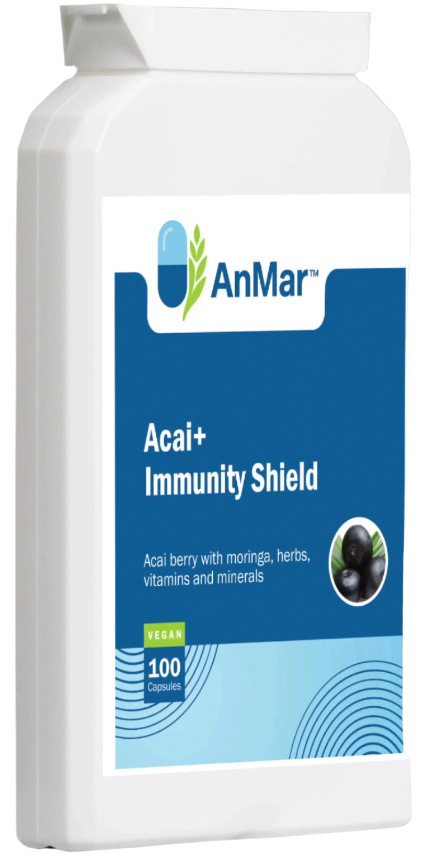 Angled front-left view of AnMar™ Acai+ Immunity Shield supplement bottle showing label with acai berry, 100 vegan capsules, and immune support formula.