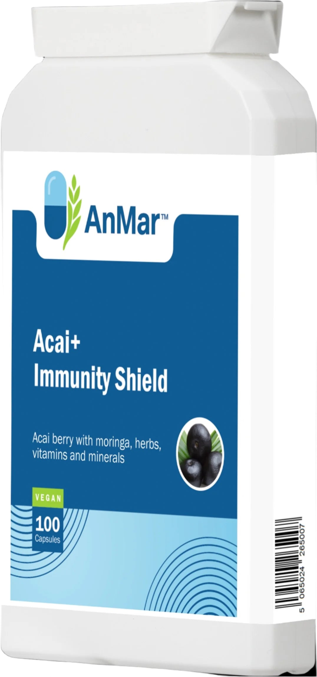 Angled right-front view of AnMar™ Acai+ Immunity Shield supplement bottle featuring acai berry blend with moringa, herbs, vitamins, and minerals – 100 vegan capsules.