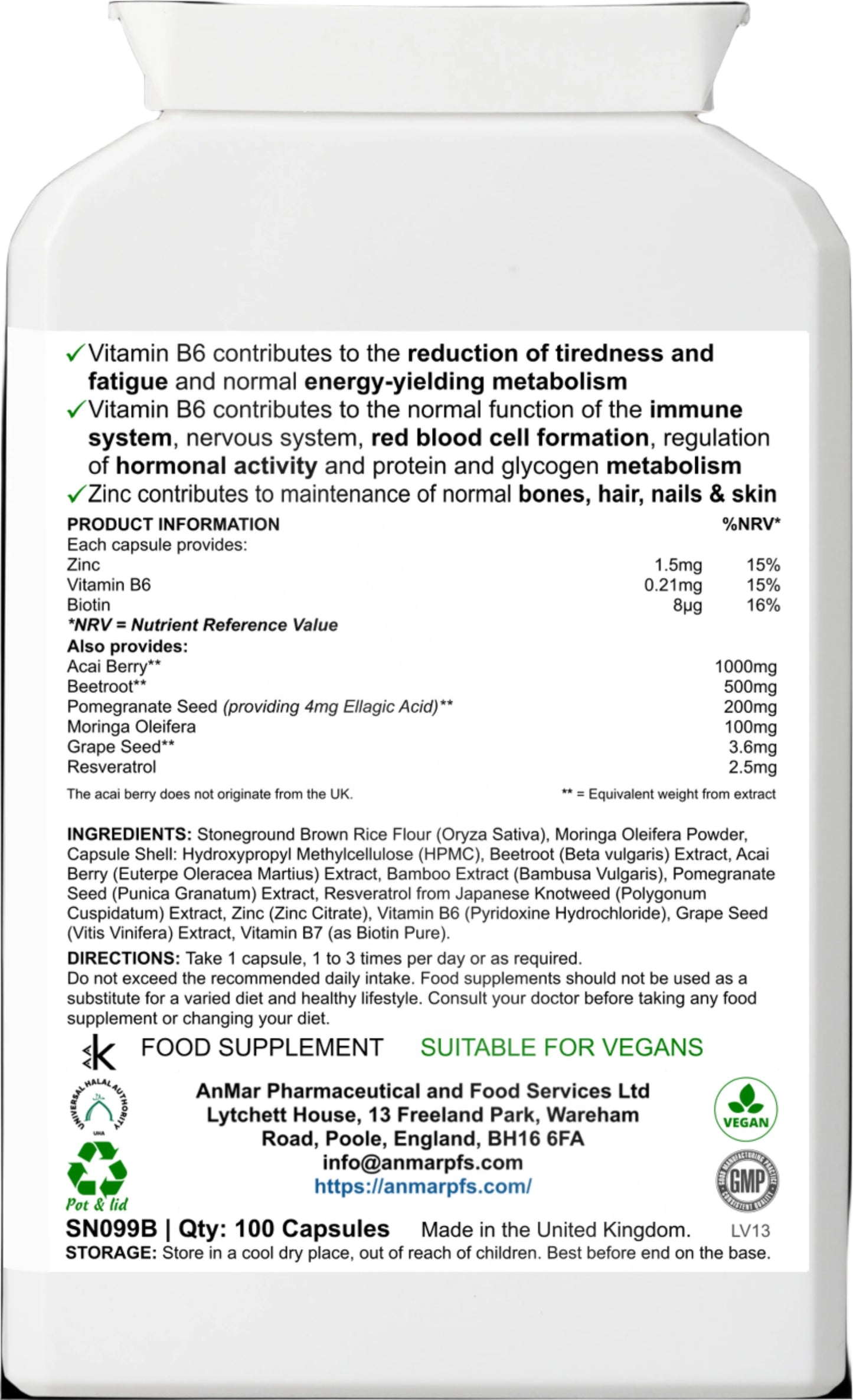 Back label of AnMar™ Acai+ Immunity Shield showing supplement facts, ingredients, directions, and nutritional benefits including acai, beetroot, pomegranate, and vitamins B6, B7, and zinc.