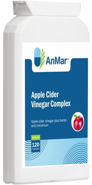 Angled front-left view of AnMar™ Apple Cider Vinegar Complex bottle showing product label with apple icon. Contains 120 vegan capsules with chromium and herbal blend.
