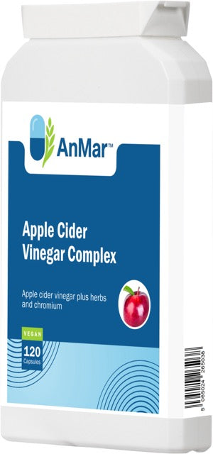 Angled right-side view of AnMar™ Apple Cider Vinegar Complex bottle showing label, vegan badge, and apple graphic.