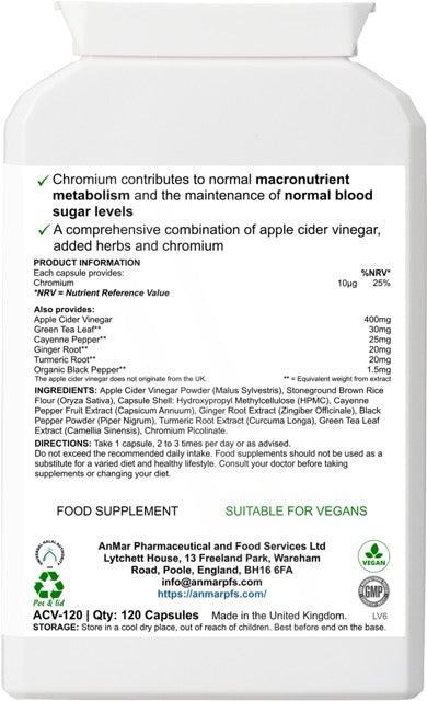 Back label of AnMar™ Apple Cider Vinegar Complex showing supplement facts, full ingredient list including apple cider vinegar, green tea, cayenne, turmeric, and chromium. Contains 120 vegan capsules.
