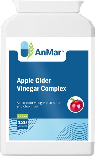 Front view of AnMar™ Apple Cider Vinegar Complex supplement bottle featuring apple illustration and product label. Contains 120 vegan capsules with added herbs and chromium.