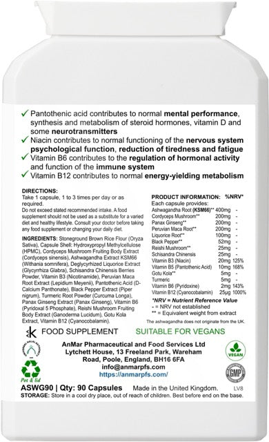 Back view of AnMar™ Ashwagandha Natural Root dietary supplement bottle label showing product information, ingredients including ashwagandha KSM66, cordyceps mushroom, panax ginseng, reishi mushroom, vitamins B6, B12, and usage directions. Vegan, suitable for vegans, GMP certified.