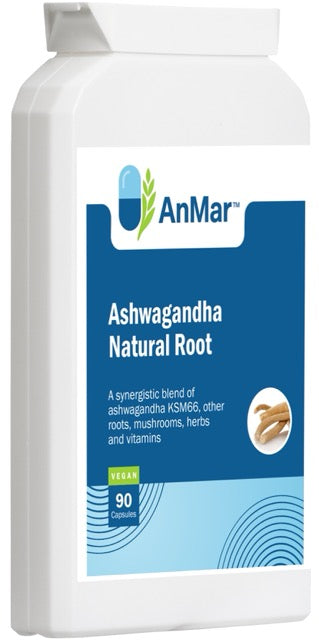 Angled left view of AnMar™ Ashwagandha Natural Root supplement bottle showing front label with product name, description, and vegan certification. Contains 90 capsules.