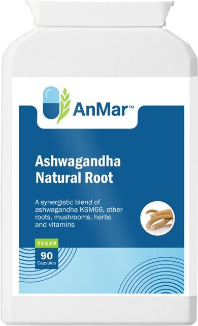 Front view of AnMar™ Ashwagandha Natural Root dietary supplement bottle. Label shows a synergistic blend of ashwagandha KSM66, other roots, mushrooms, herbs, and vitamins. Vegan formula in 90 capsules.