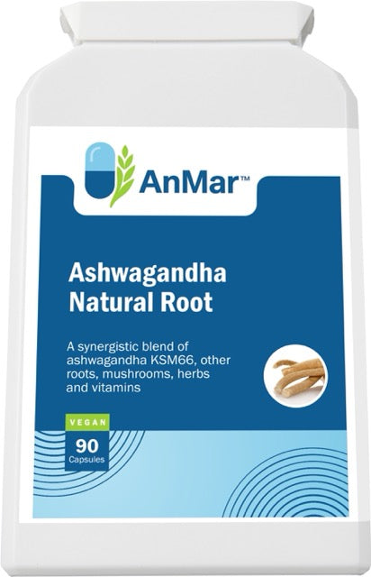 Front up view of AnMar™ Ashwagandha Natural Root dietary supplement bottle label featuring a synergistic blend of ashwagandha KSM66, roots, mushrooms, herbs, and vitamins. Vegan, 90 capsules, with an illustration of ashwagandha root.