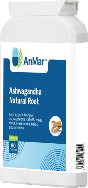 Side view of AnMar™ Ashwagandha Natural Root dietary supplement bottle label showing barcode. Vegan, 90 capsules.