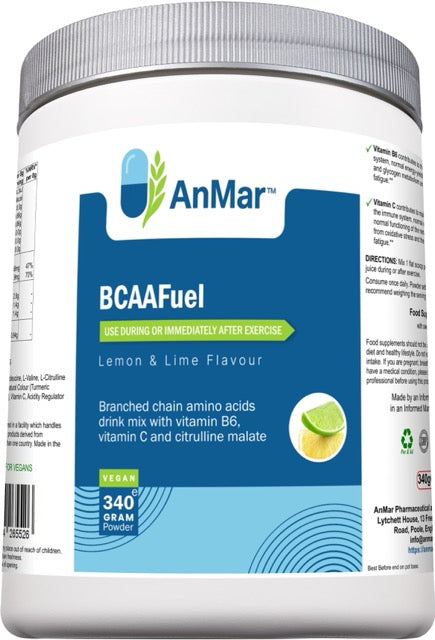 Front label of AnMar™ BCAAFuel 340g powder showing lemon and lime flavour BCAA drink with vitamin B6, vitamin C, and citrulline malate. Vegan-friendly amino acid blend.