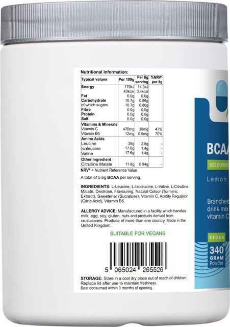 Nutritional information label for AnMar™ BCAAFuel showing amino acid profile including leucine, isoleucine, valine, citrulline malate, and vitamin B6 per 8g serving. Barcode and vegan suitability noted.
