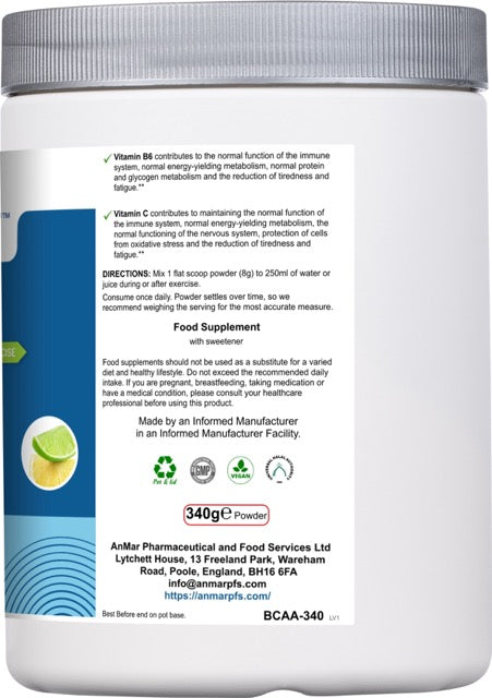 Rear view of AnMar™ BCAAFuel 340g supplement tub showing product directions, benefits of vitamin B6 and C, usage instructions, and manufacturer details. Suitable for vegans.