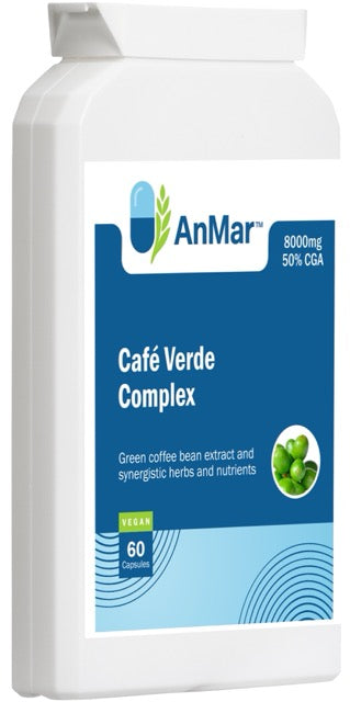 Angled front view of AnMar™ Café Verde Complex bottle showing green coffee bean extract label with 8000mg and 50% CGA content. Vegan 60-capsule supplement.