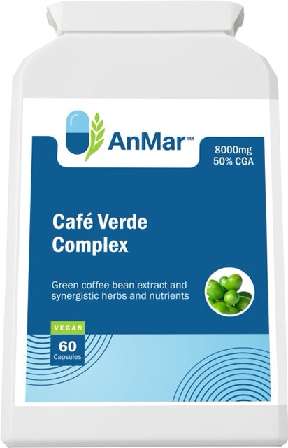 Front-facing image of AnMar™ Café Verde Complex showing label with green coffee bean extract, 8000mg strength, 50% CGA content, and vegan certification.