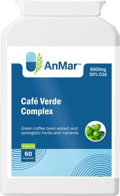Front of AnMar™ Café Verde Complex bottle highlighting 8000mg green coffee bean extract with 50% CGA, vegan formula with 60 capsules.