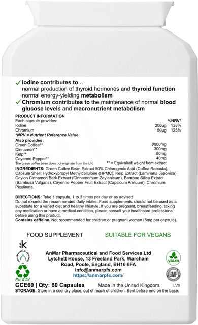 Back label of AnMar™ Café Verde Complex showing supplement facts, green coffee extract dosage, added botanicals like cinnamon and cayenne, and vegan status.