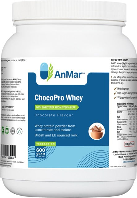 Front label of AnMar™ ChocoPro Whey 600g container, showing chocolate flavour whey protein with stevia sweetener and vegetarian certification.