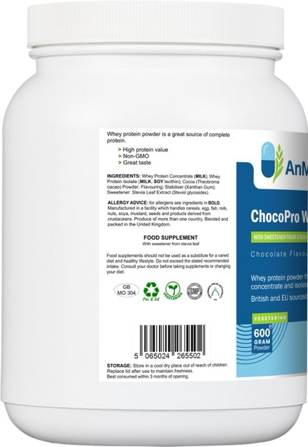 Back label of AnMar™ ChocoPro Whey showing ingredients list, allergen advice, and food supplement storage guidance for chocolate protein powder.