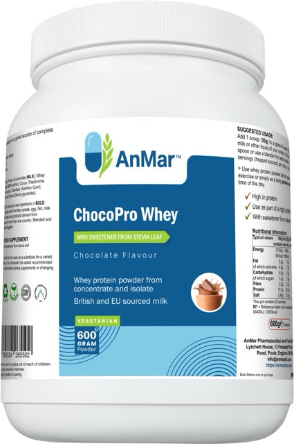 Front label of AnMar™ ChocoPro Whey 600g protein powder tub in chocolate flavour, made from EU-sourced milk and sweetened with stevia.