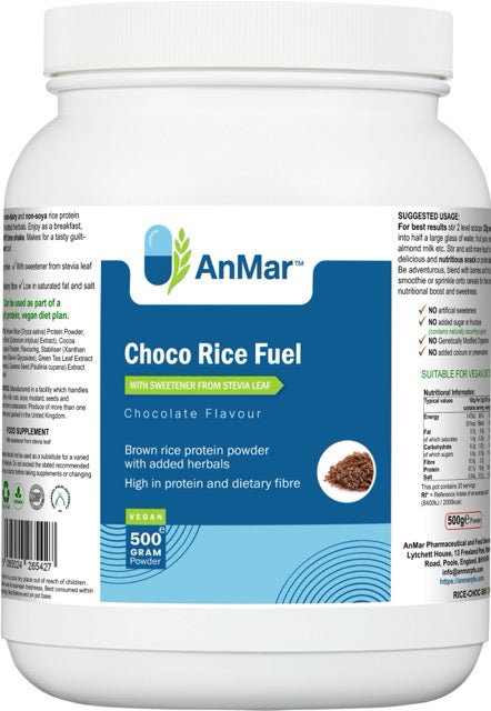 Front of AnMar™ Choco Rice Fuel container featuring chocolate flavour brown rice protein powder with stevia, herbs, and high dietary fibre in a 500g vegan tub.