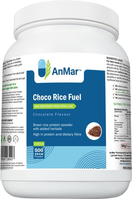 Front label of AnMar™ Choco Rice Fuel showing chocolate flavour vegan protein powder made with brown rice and added herbs. High protein and dietary fibre content noted.