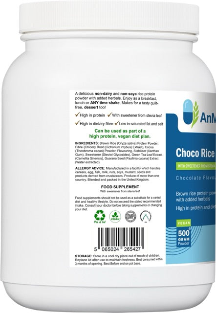 Side label of AnMar™ Choco Rice Fuel tub showing ingredients list, allergen advice, storage instructions, and vegan protein claims for the chocolate brown rice formula.
