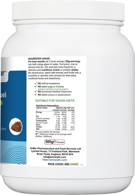 Side label of AnMar™ Choco Rice Fuel showing suggested usage, nutritional information per 25g serving, and vegan dietary suitability.