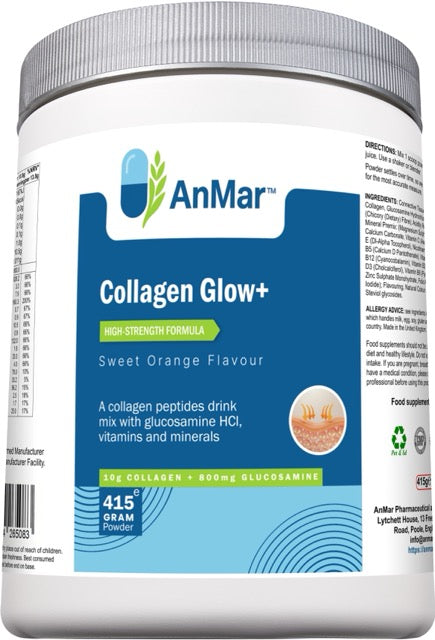 Angled front view of AnMar™ Collagen Glow+ tub showing sweet orange flavour high-strength collagen peptide drink with 10g collagen and 800mg glucosamine per serving in a 415g powder tub.