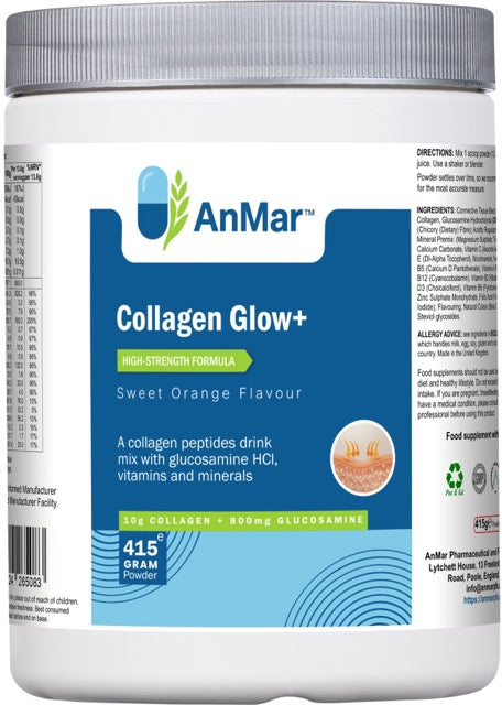 Front of AnMar™ Collagen Glow+ tub showing sweet orange flavour collagen drink mix with glucosamine, vitamins and minerals. 10g collagen and 800mg glucosamine per serving in a 415g powder.