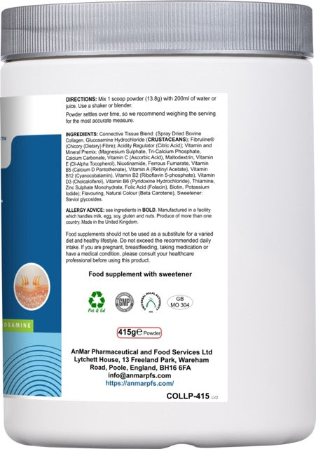 Side label of AnMar™ Collagen Glow+ 415g collagen peptide powder showing directions for use, detailed ingredients including glucosamine and vitamins, allergy advice, and vegan and quality certification logos.