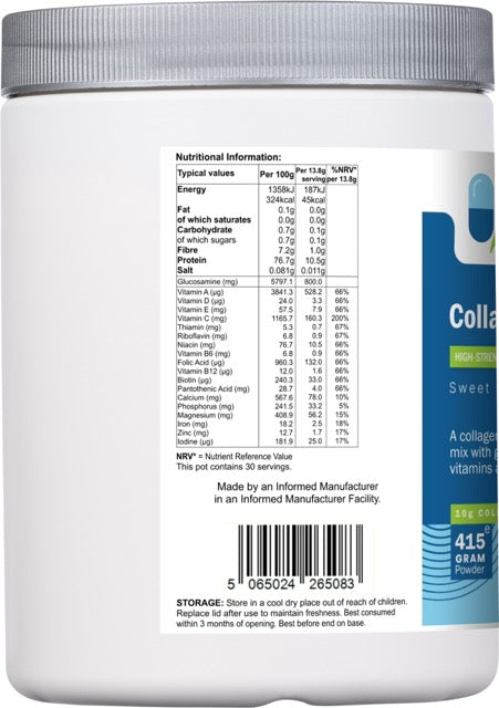 Back label of AnMar™ Collagen Glow+ 415g collagen peptide supplement showing full nutritional information, vitamin and mineral content, serving size, storage instructions, and product barcode.