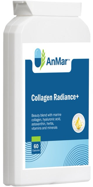 Angled front-left view of AnMar™ Collagen Radiance+ bottle highlighting product label with marine collagen and antioxidant support – 60 capsules.