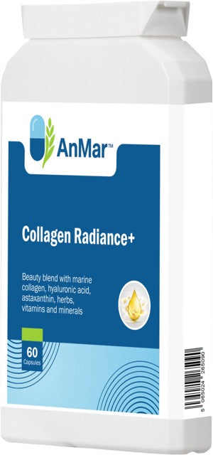 Angled side view of AnMar™ Collagen Radiance+ bottle showing the product label and barcode – 60 capsules beauty complex.