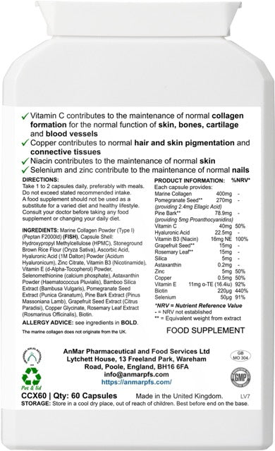 Back label of AnMar™ Collagen Radiance+ supplement showing ingredients list, nutritional values, usage directions, and health claims – 60 capsules.