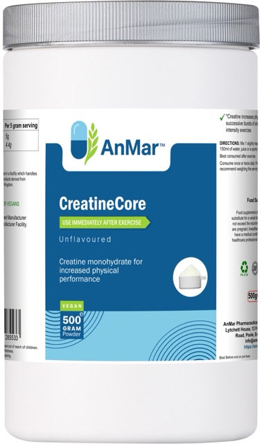 Front label of AnMar™ CreatineCore showing 500g vegan creatine monohydrate supplement, unflavoured, designed to support increased physical performance after exercise.