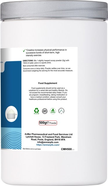 Back of AnMar™ CreatineCore tub showing creatine performance claim, usage directions, 500g powder quantity, supplement disclaimer, and certifications including vegan and GMP.