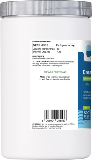 Side label of AnMar™ CreatineCore showing ingredients list, creatine content per serving, vegan suitability, and barcode for the 500g powder container.