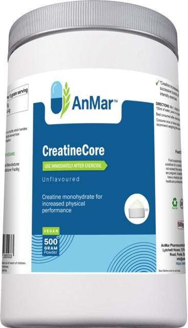 Angled view of AnMar™ CreatineCore container showing 500g of unflavoured creatine monohydrate powder for post-exercise performance support, vegan-friendly.