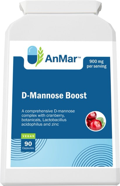 Angled front view of AnMar™ D-Mannose Boost bottle with cranberry illustration, vegan icon, and 900mg per serving label.