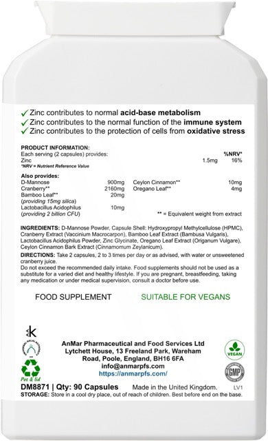 Back label of AnMar™ D-Mannose Boost supplement showing nutritional information, ingredients list, dosage directions, and manufacturer details.