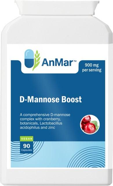 Front view of AnMar™ D-Mannose Boost supplement bottle showing label with cranberry image, vegan icon, and 900mg per serving dosage.