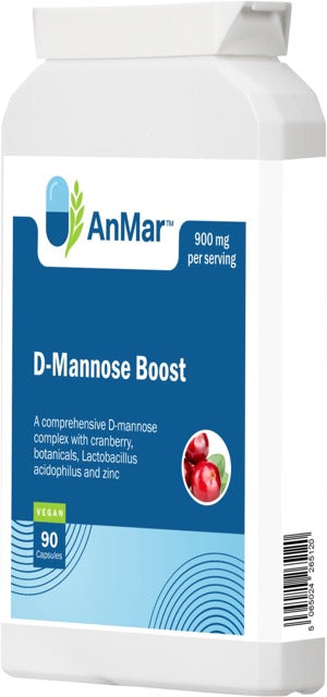 Right-angled product image of AnMar™ D-Mannose Boost supplement with cranberry illustration, showing label and partial barcode.