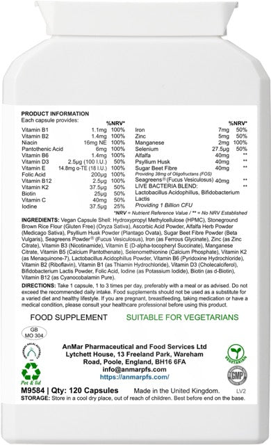 Back view of AnMar™ DailyVita Core bottle showing full nutritional panel, ingredient list, directions, and suitability for vegetarians.