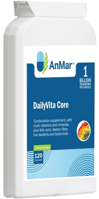 Angled front view of AnMar™ DailyVita Core supplement bottle showing label details including 1 billion organisms per capsule, vegetarian formula, and 120 capsule count.