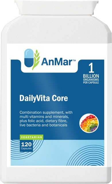 Front label of AnMar™ DailyVita Core bottle showing a multivitamin and mineral supplement with folic acid, fibre, botanicals, and live cultures, available in 120 vegetarian capsules.