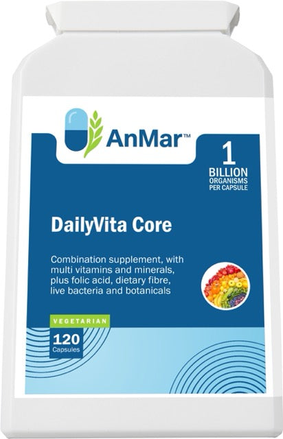 Angled front view of AnMar™ DailyVita Core supplement bottle, a multivitamin and mineral blend with botanicals, fibre, folic acid, and live cultures, containing 120 vegetarian capsules.