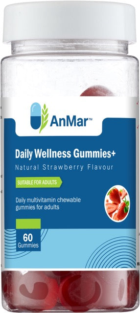 Front view of AnMar™ Daily Wellness Gummies+ bottle showing 60 strawberry-flavoured chewable multivitamin gummies for adults with bright label design.