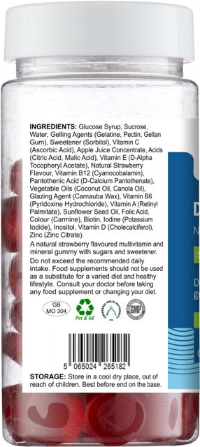 Back view of AnMar™ Daily Wellness Gummies+ bottle showing full ingredients list, product description, and barcode for the 60-count strawberry multivitamin gummies.