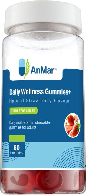 Straight-on image of AnMar™ Daily Wellness Gummies+ bottle with 60 strawberry-flavoured adult multivitamin gummies, displaying front label clearly.
