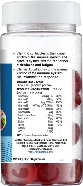 Back view of AnMar™ Daily Wellness Gummies+ bottle showing nutritional information, suggested usage, and company contact details for the 60-count strawberry flavour multivitamin gummies.